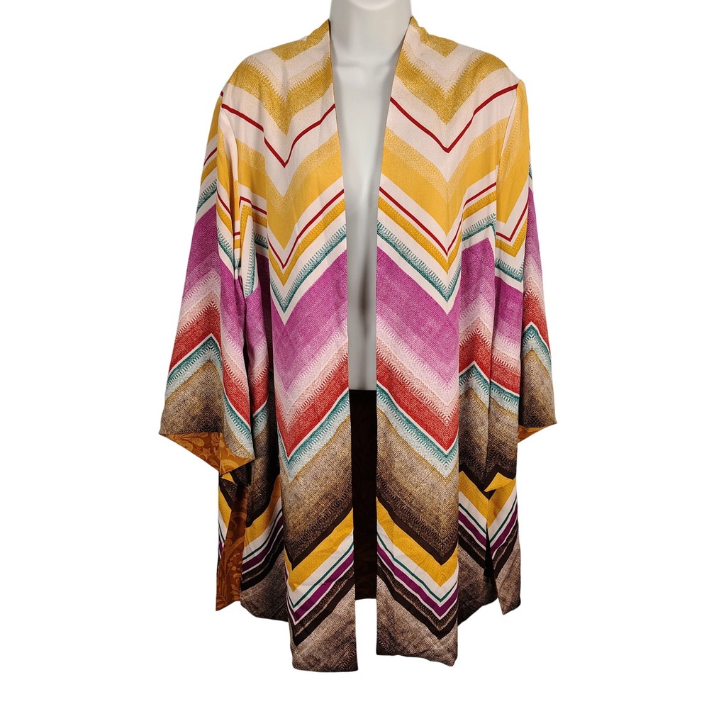 Chicos Reversible Kimono Jacket Chevron Damask Floral Yellow Multi Size 3 L XL